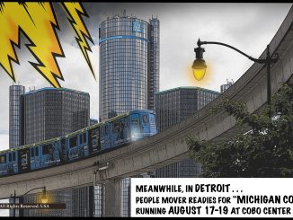 Cartoon featuring Detroit People Mover and GM Renaissance Center