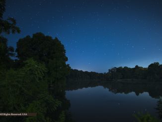 Star filled sky over Mill Pond in the night, City of Saline, Michigan