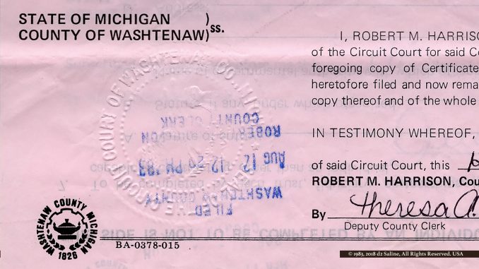 Original DBA filed with Washtenaw County, Michigan creating D2 Enterprises on August 12, 1983