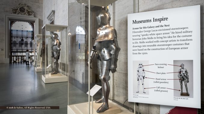 European armor from 1500s and Star Wars stormtrooper costume on display at Detroit Institute of Arts
