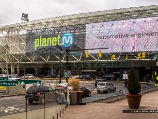 Planet M marque over main entrance to Cobo Center in downtown Detroit Michigan, during 2018 North American International Auto Show