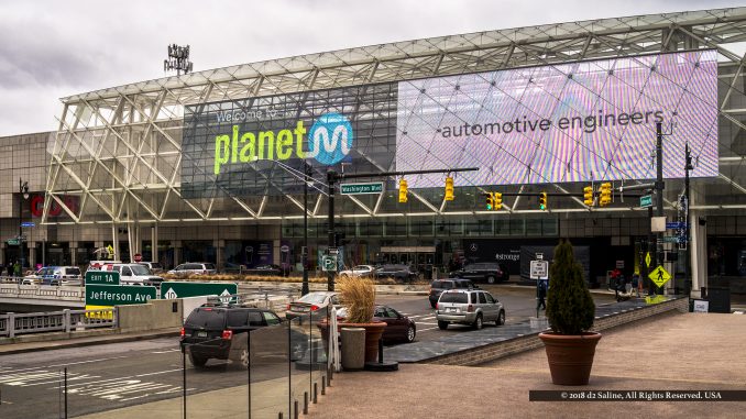 Planet M marque over main entrance to Cobo Center in downtown Detroit Michigan, during 2018 North American International Auto Show