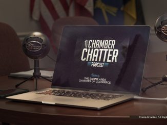 "Chamber Chatter" podcast recording setup, Saline Area Chamber of Commerce