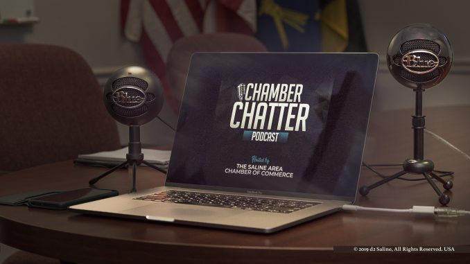 "Chamber Chatter" podcast recording setup, Saline Area Chamber of Commerce