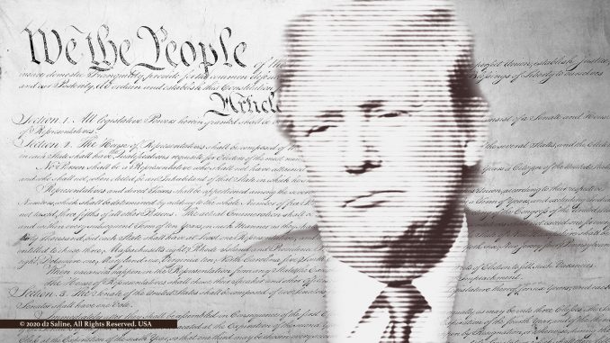 President Donald J Trump and a section of the United States Constitution from 1787 held by National Archives, opening with “We the People ….” © 2020 d2 Saline, All Rights Reserved. USA